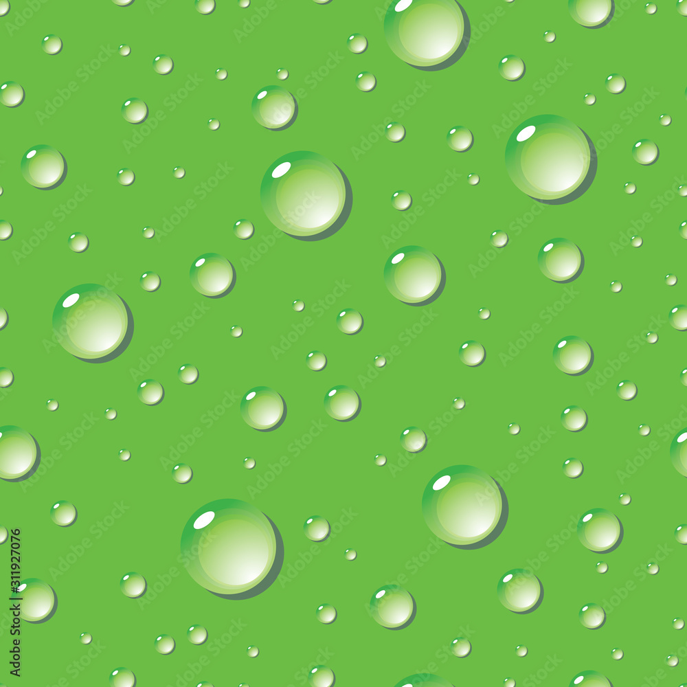 Seamless pattern of water drops on green surface