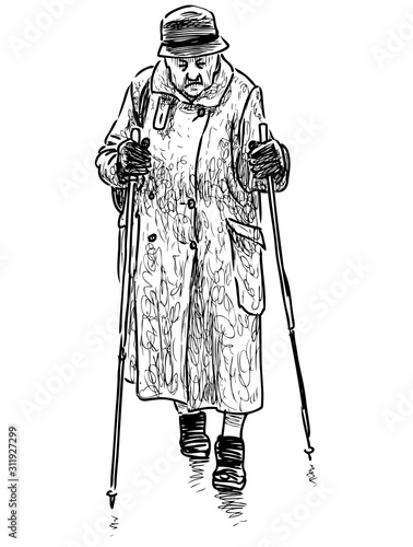 Sketch of old townswoman in norwegian walking with sticks