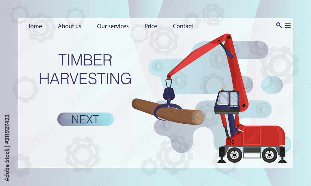 Timber handling machine. Wheel reloader. Website concept, landing page design template Timber handling machine. Wheel reloader. Website concept, landing page design template