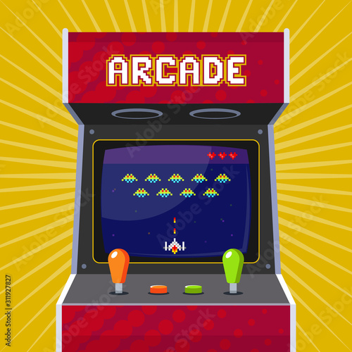 Retro arcade slot machine with pixel game. flat vector illustration. photo