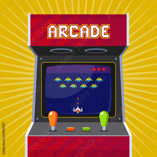 Retro arcade slot machine with pixel game. flat vector illustration.