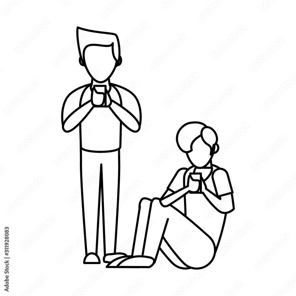 young men using smartphone avatars characters young men using smartphone avatars characters