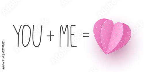 Valentine's day concept. Equation with handwritten lettering and paper cut pink heart. Doodle sign, white background. Vector.