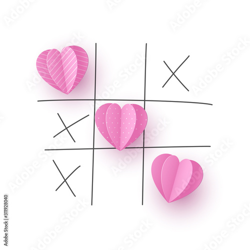 Valentine's day concept. Tic tac toe game with criss cross paper cut pink hearts and hand drawn x sign. Doodle line, white background. Vector.