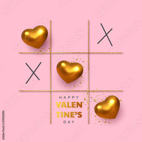 Valentine's day concept. Tic tac toe game with criss cross metallic golden hearts and x sign. Glitter line, flat pink background. Vector.