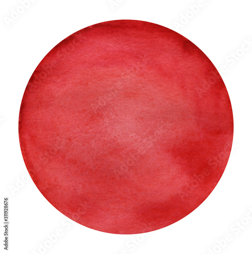 Abstract circle paint background red color isolated on white. Round watercolor gradiented fill on paper texture. Painted label background patch. Japanese flag. Hand drawn Big red circle. Setting sun photo