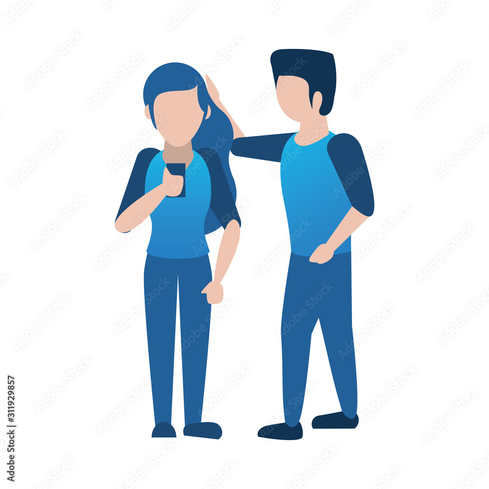 Obraz premium young couple using smartphone avatars characters
