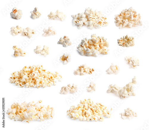 Set of tasty pop corn on white background