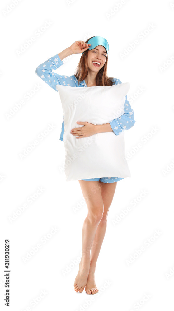 Beautiful woman with pillow and sleep mask on white background. Bedtime Beautiful woman with pillow and sleep mask on white background. Bedtime