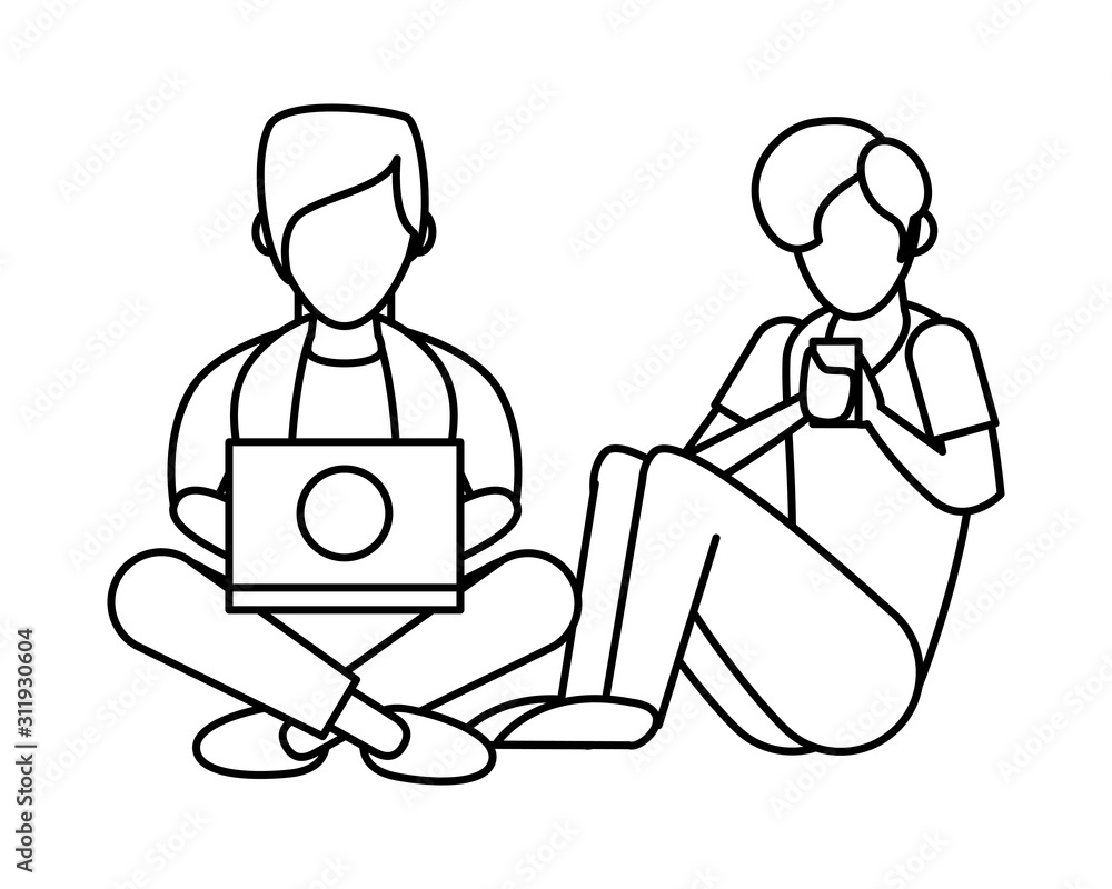 young men using smartphone and laptop