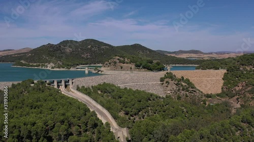 Aerial view of Gaitanejo reservoir and dam near the Royal El Chorro Royal Trail. Spain