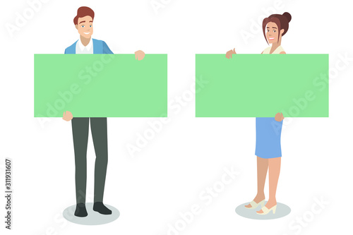 Young man and woman are holding a banner. Ideal for advertising and presentations.