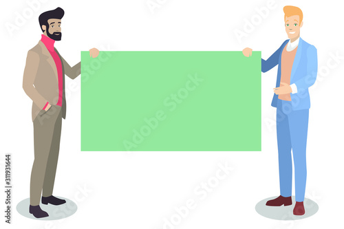 Two businessmen are holding a banner. Ideal for advertising and presentations.