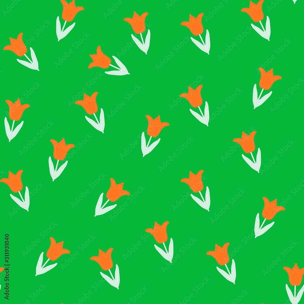 Trendy orange Wildflower tulip seamless pattern . Spring florals on green  background, texture, wrapper pattern.