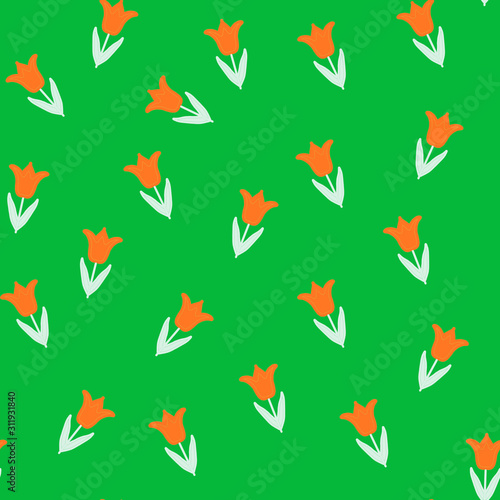 Trendy orange Wildflower tulip seamless pattern . Spring florals on green  background  texture  wrapper pattern.