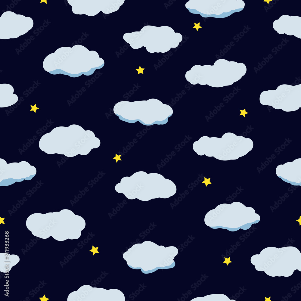 Night dark sky with clouds and bright stars. Decorative seamless pattern. Cartoon background for kids. Suitable for packaging, wallpaper, textile.