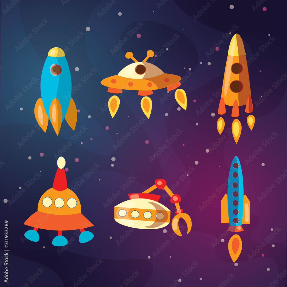 Cute cartoon space explorer, astronomy science and UFO vector set. Lunar rover, rockets, space sheeps and shuttle, aliens. Space equipment, rockets and shuttles collection for kids Cute cartoon space explorer, astronomy science and UFO vector set. Lunar rover, rockets, space sheeps and shuttle, aliens. Space equipment, rockets and shuttles collection for kids