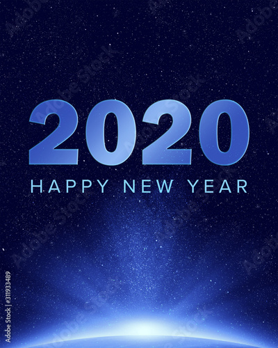 2020 happy new year greeting card with glowing planet and stars in space background