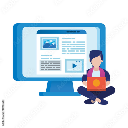 man using laptop and desktop avatar character