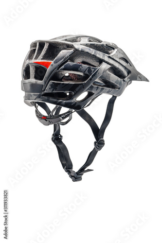 Gray Camouflage Color Cycling Helmet Isolated on White. Three Quarters Back View of Protective Sports Equipment
