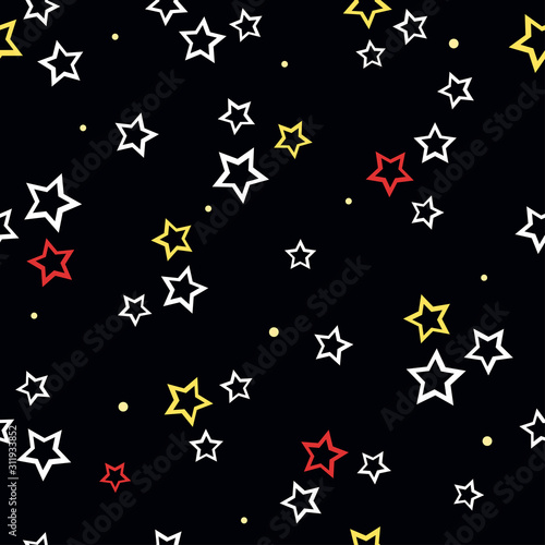 White, yellow and red decorative stars with light round shapes on black background. Seamless cosmic cartoon pattern. Suitable for packaging, wallpaper, textile.