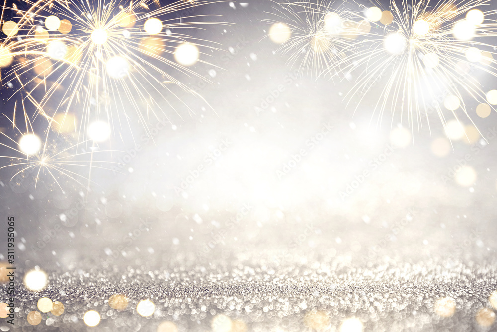 Gold and silver Fireworks and bokeh in New Year eve and copy space.  Abstract background holiday. Stock Photo | Adobe Stock