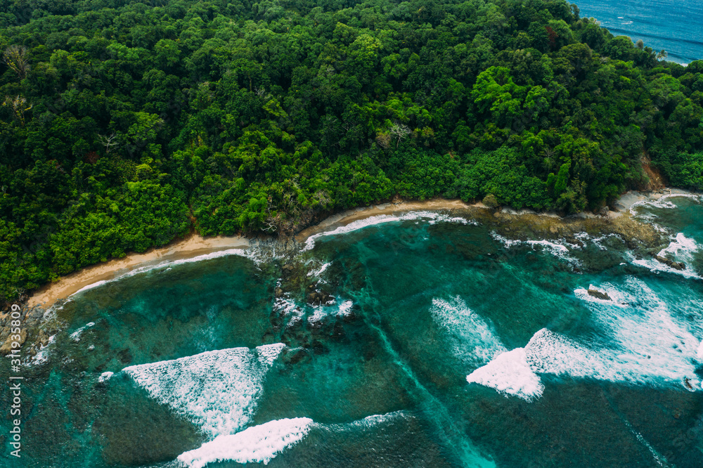 Aerial Drone View of a tropical island with lush jungle in Costa Rica, Isla del Caño