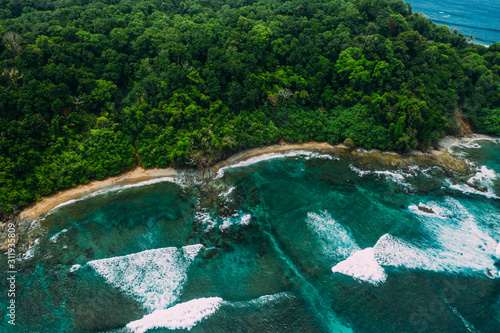 Aerial Drone View of a tropical island with lush jungle in Costa Rica  Isla del Ca  o