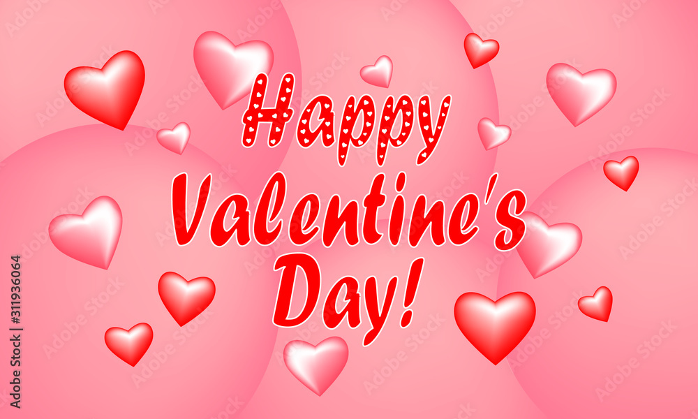 Valentine's Day greeting card, red and pink hearts and congratulation on the background of pink balloons.
