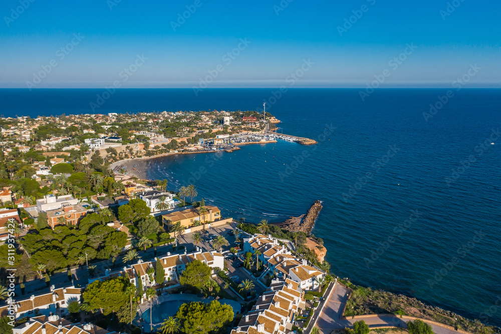 Aerial view of the bay with yachts Cabo Roig. Alicante. Spain
