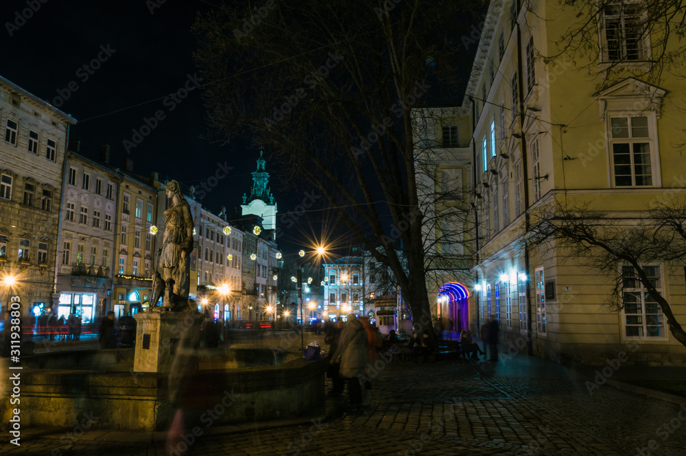 Night Lviv old city architecture in the Christmas