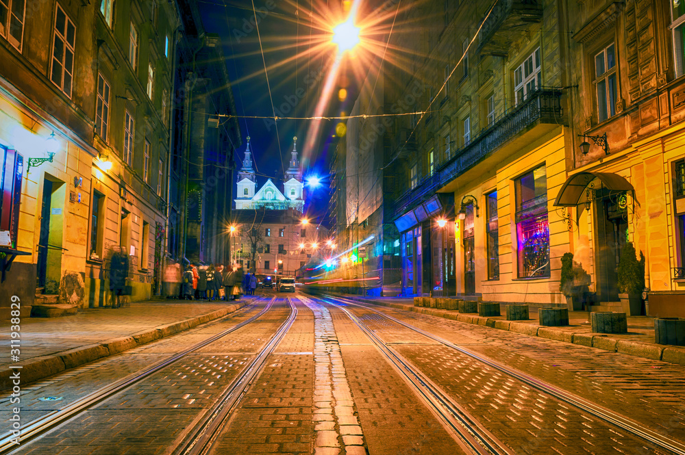 Night Lviv old city architecture in the Christmas