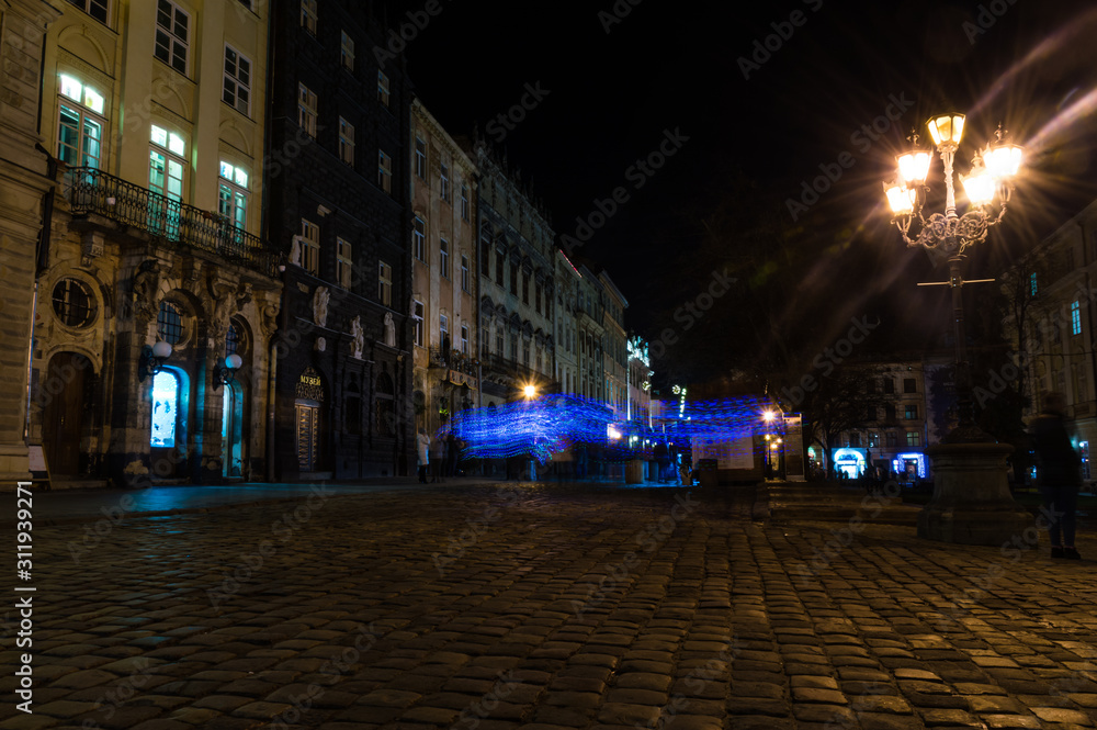 Night Lviv old city architecture in the Christmas