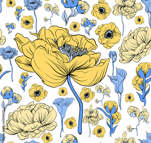 Colorful pattern with flowering poppie, orhid and peonies. Black, blue, yellow on white. photo