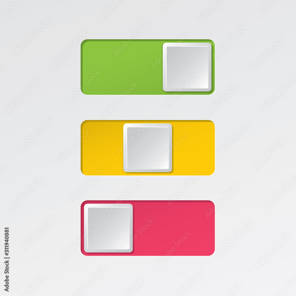 On and Off Square Blank Toggle Switch Buttons Set Modern Devices User Interface Mockup or Template - Green Red and Yellow on White Background - Gradient Graphic Design On and Off Square Blank Toggle Switch Buttons Set Modern Devices User Interface Mockup or Template - Green Red and Yellow on White Background - Gradient Graphic Design