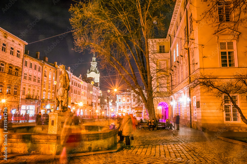 Night Lviv old city architecture in the Christmas