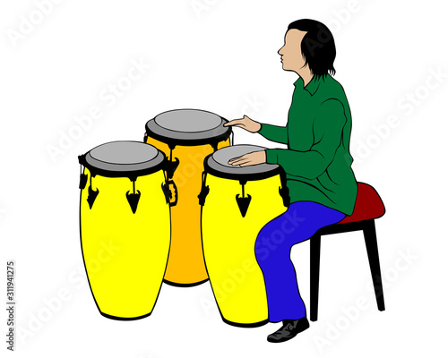 Jazz musicians with percussion instruments . Isolated silhouettes on white background
