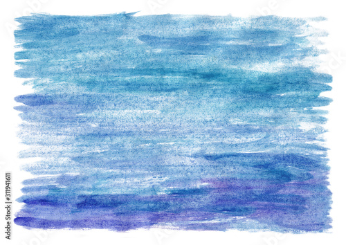 Blue watercolor background, torn brush strokes. Dark blue hand-drawn texture, water concept