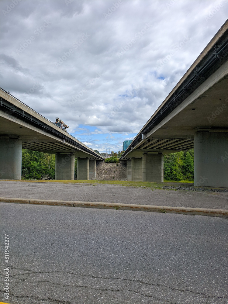 Shot between two bridges overhead on a cloudy day in Ottawa Ontario under Heron Road. Shot between two bridges overhead on a cloudy day in Ottawa Ontario under Heron Road.