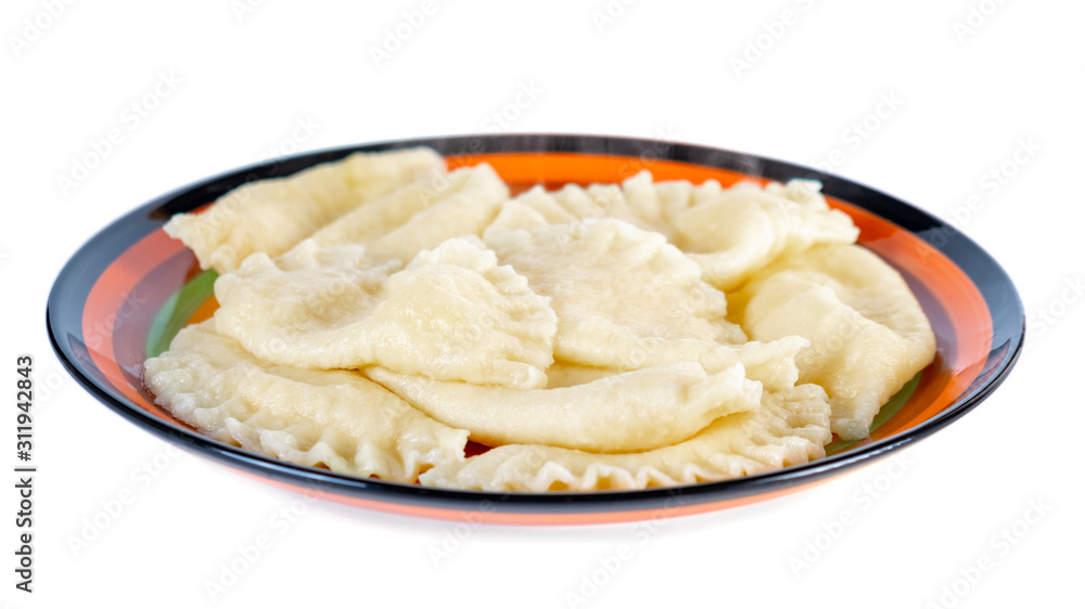 Plate with boiled varenyky on white background. Plate with boiled varenyky on white background.
