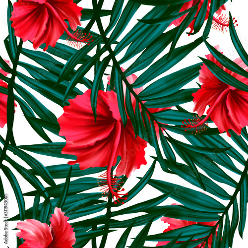 Seamless pattern with tropical leaves and gibiscus flowers. Trend illustration, stylish design. Greeting card and invitation design template. Beach holidays, tours, promotions and flyers photo