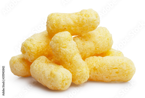 Close-up of delicious corn sticks, isolated on white background