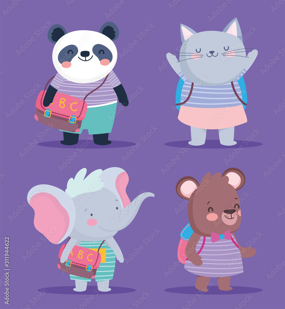 back to school cute animals striped clothes and backpacks education