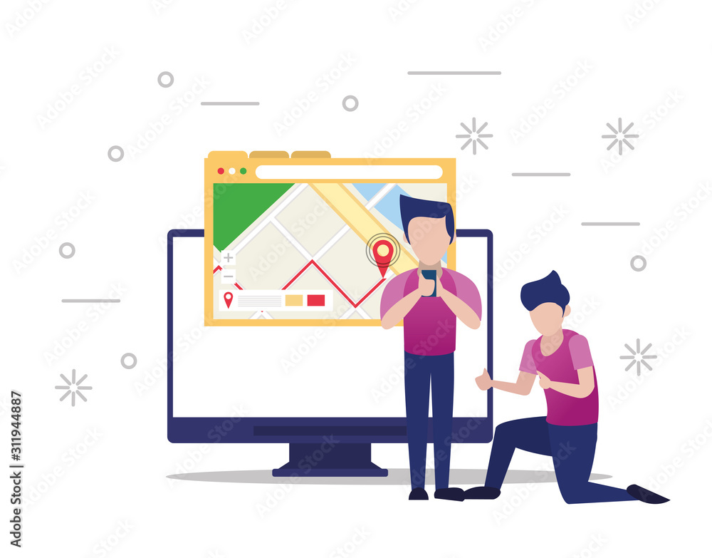 Obraz premium young men using smartphone and desktop with gps app