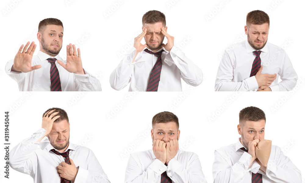 Set of businessman having panic attack on white background Set of businessman having panic attack on white background