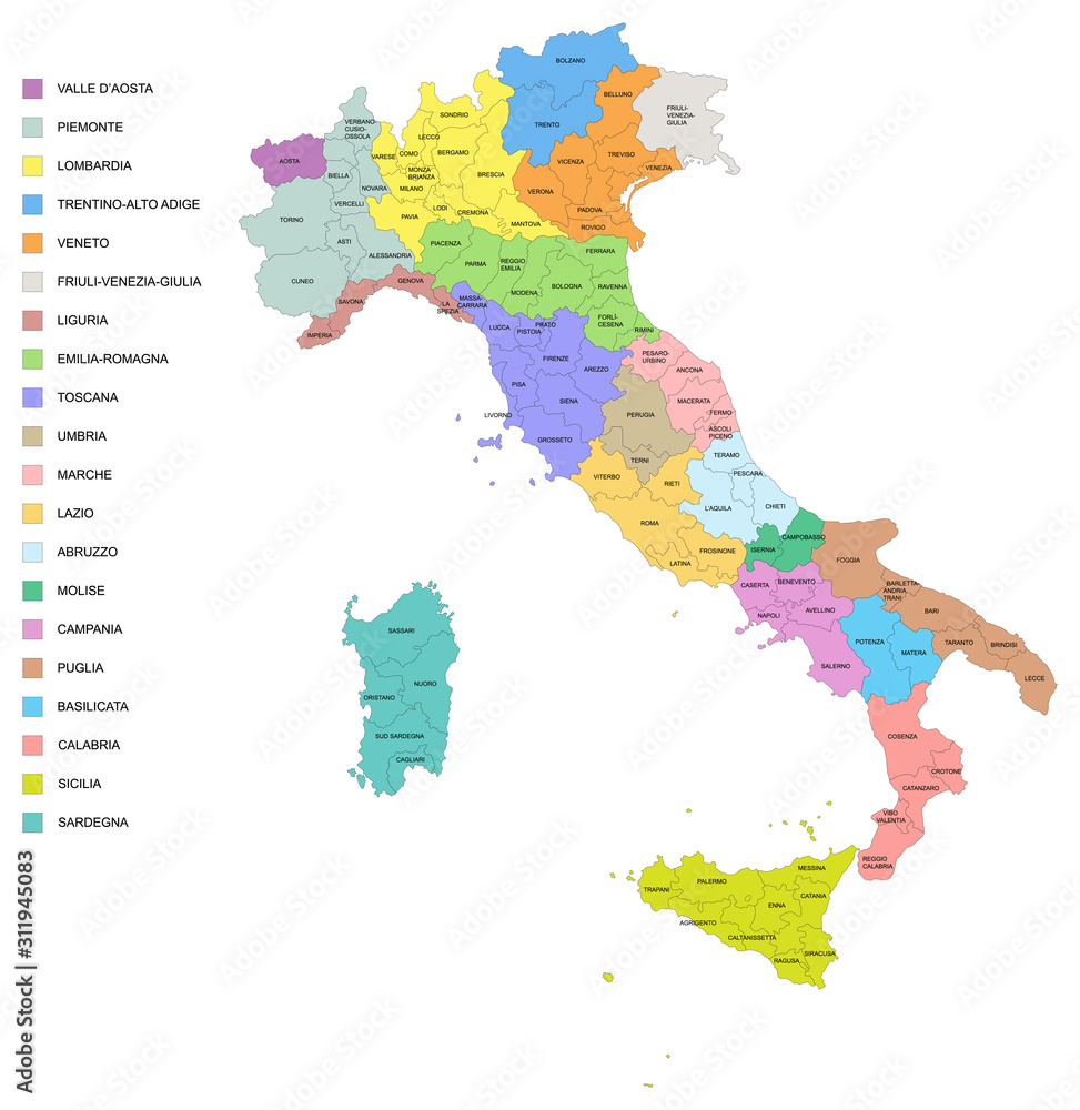Carte d'Italie avec détail des provinces et des régions - textes vectorisés et non vectorisés sur calques séparés
