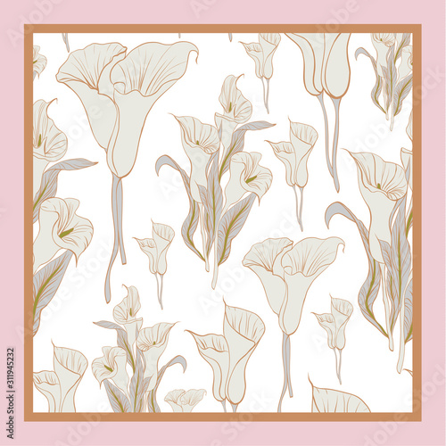 Delicate colors of silk scarf with flowering callas. Beige pink on white background. Batik technique