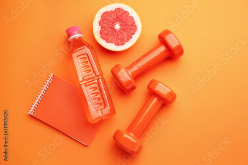 Dumbbells with notebook, grapefruit and bottle of water on color background © Pixel-Shot