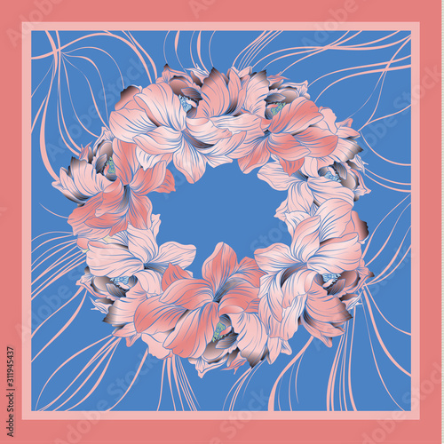 Colorful silk scarf with flowering poppy, orchid and peonies.