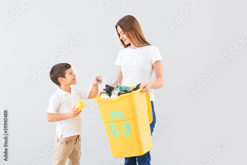 Mother and son with contain...